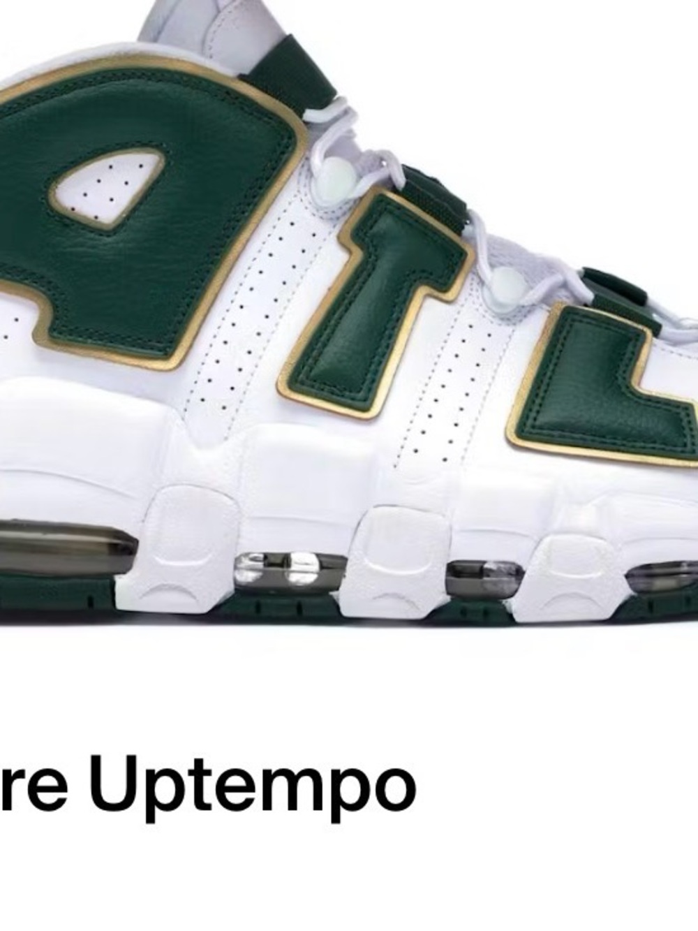 Nike White and Dark Green Air More Uptempo with Gold Accent